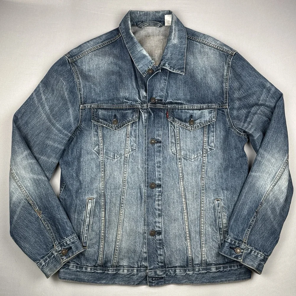 Levi's Denim Trucker Jacket 2XL Distressed Faded Blue Red Tab
